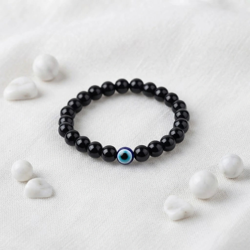 Black Obsidian Evil Eye Bracelet Raw Selenite