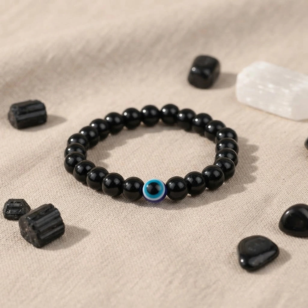 Black Obsidian Evil Eye Bracelet Raw Selenite