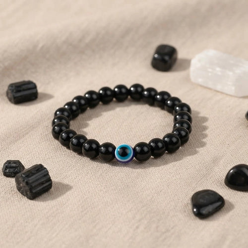 Black Obsidian Evil Eye Bracelet Raw Selenite