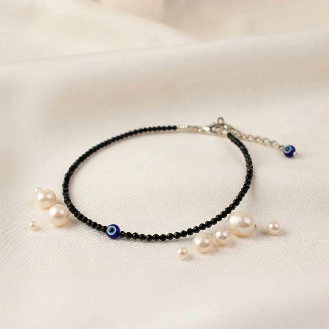 Black Tourmaline Anklet Evil Eye Charm