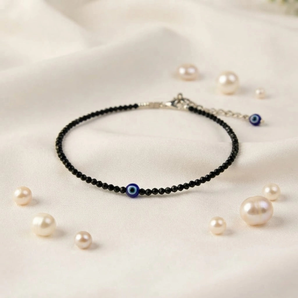 Black Tourmaline Anklet Evil Eye Charm