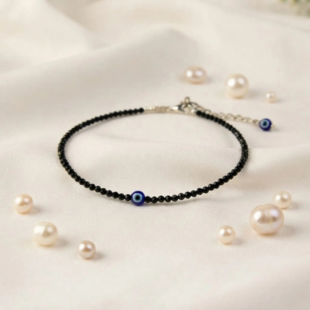 Black Tourmaline Anklet Evil Eye Charm
