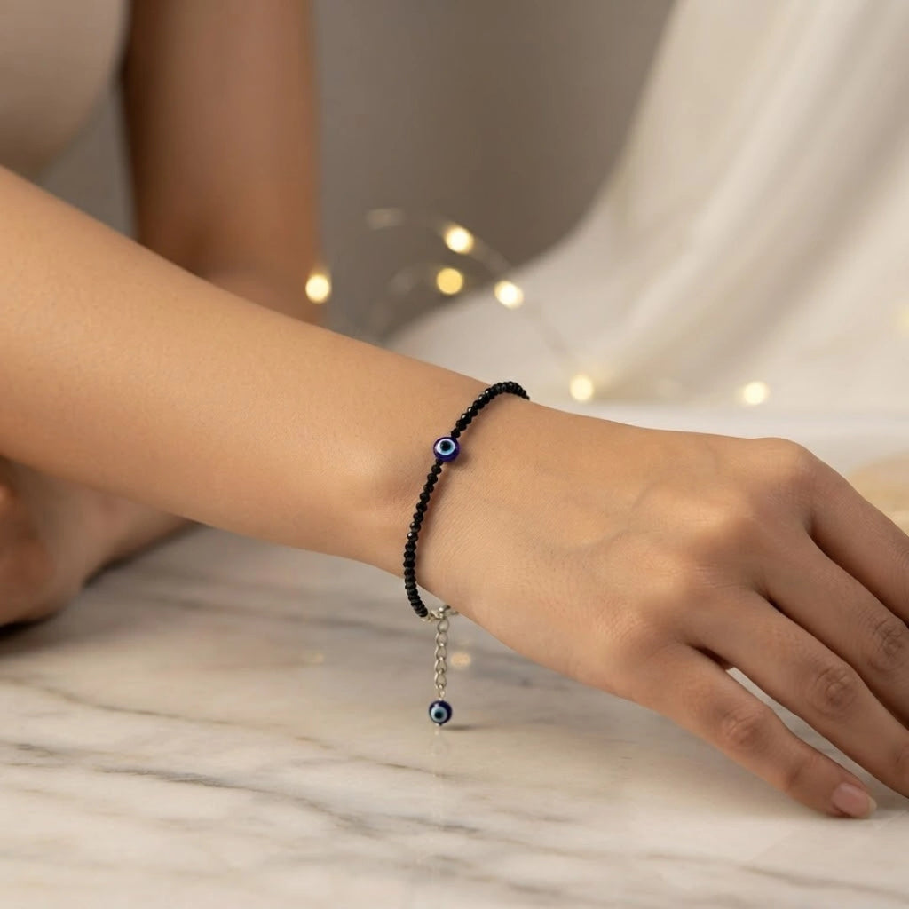Black Tourmaline Anklet Evil Eye Charm