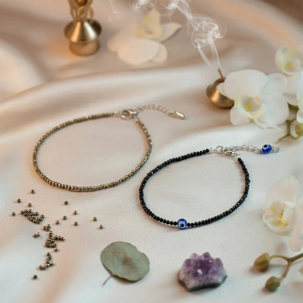 Pyrite Anklet Free Black Tourmaline Anklet with Evil Eye Charm