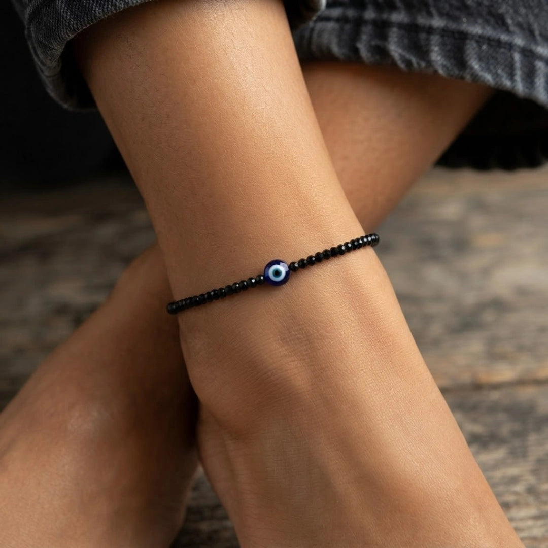 Pyrite Anklet Free Black Tourmaline Anklet with Evil Eye Charm