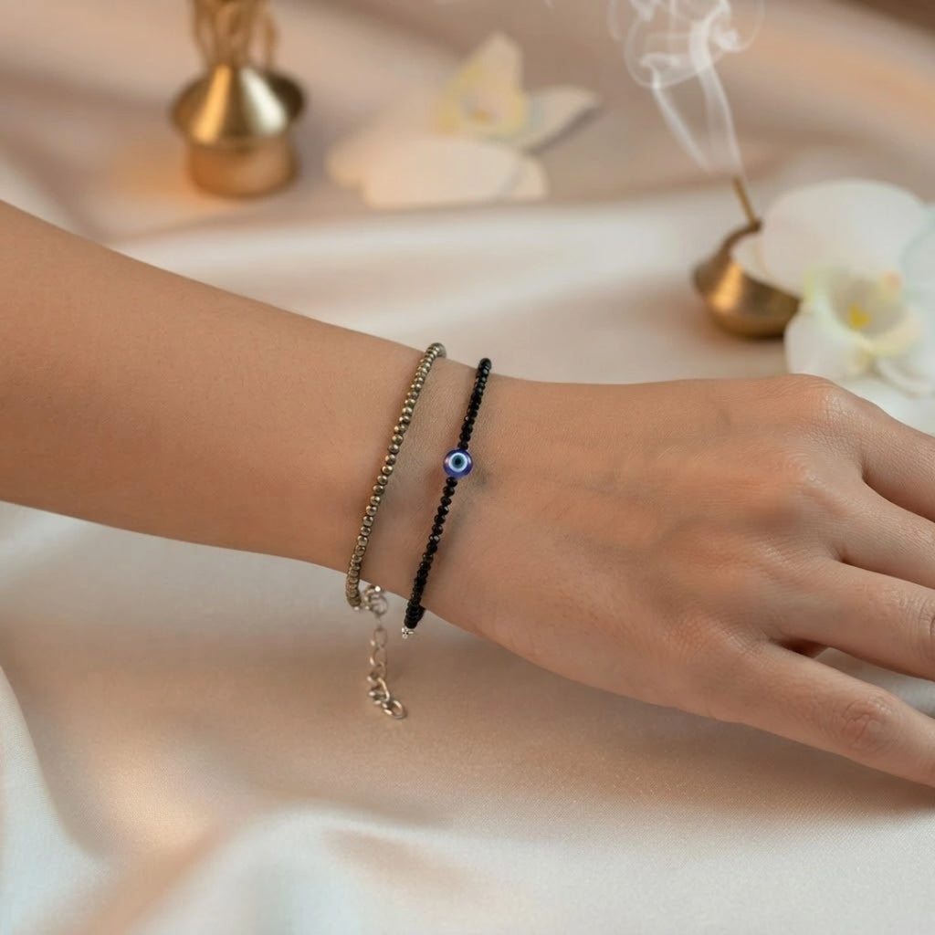 Pyrite Anklet Free Black Tourmaline Anklet with Evil Eye Charm