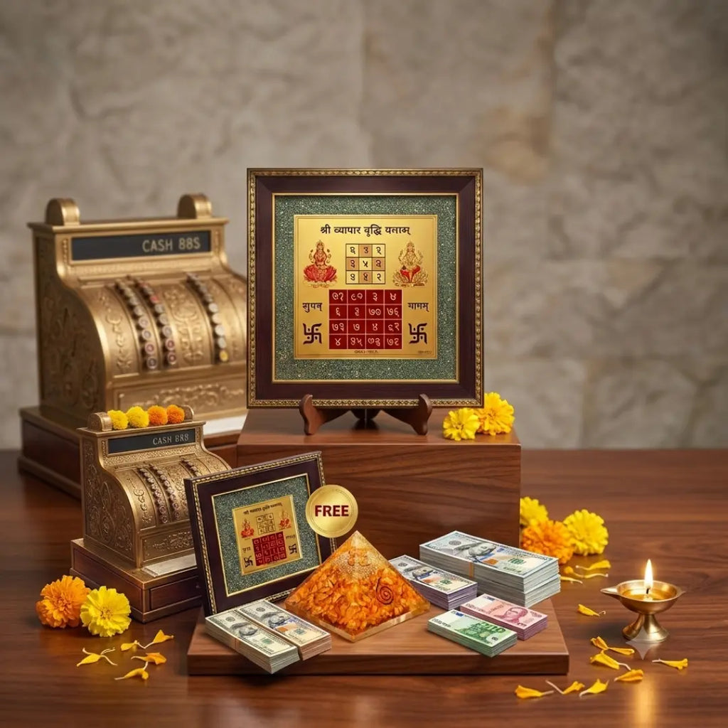 Vyapar Vriddhi Yantra Pyrite Frame with FREE Citrine Pyramid